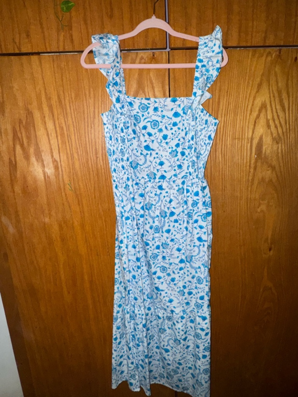 Draper James Blue and White Floral Ruffle-Strap Maxi Dress